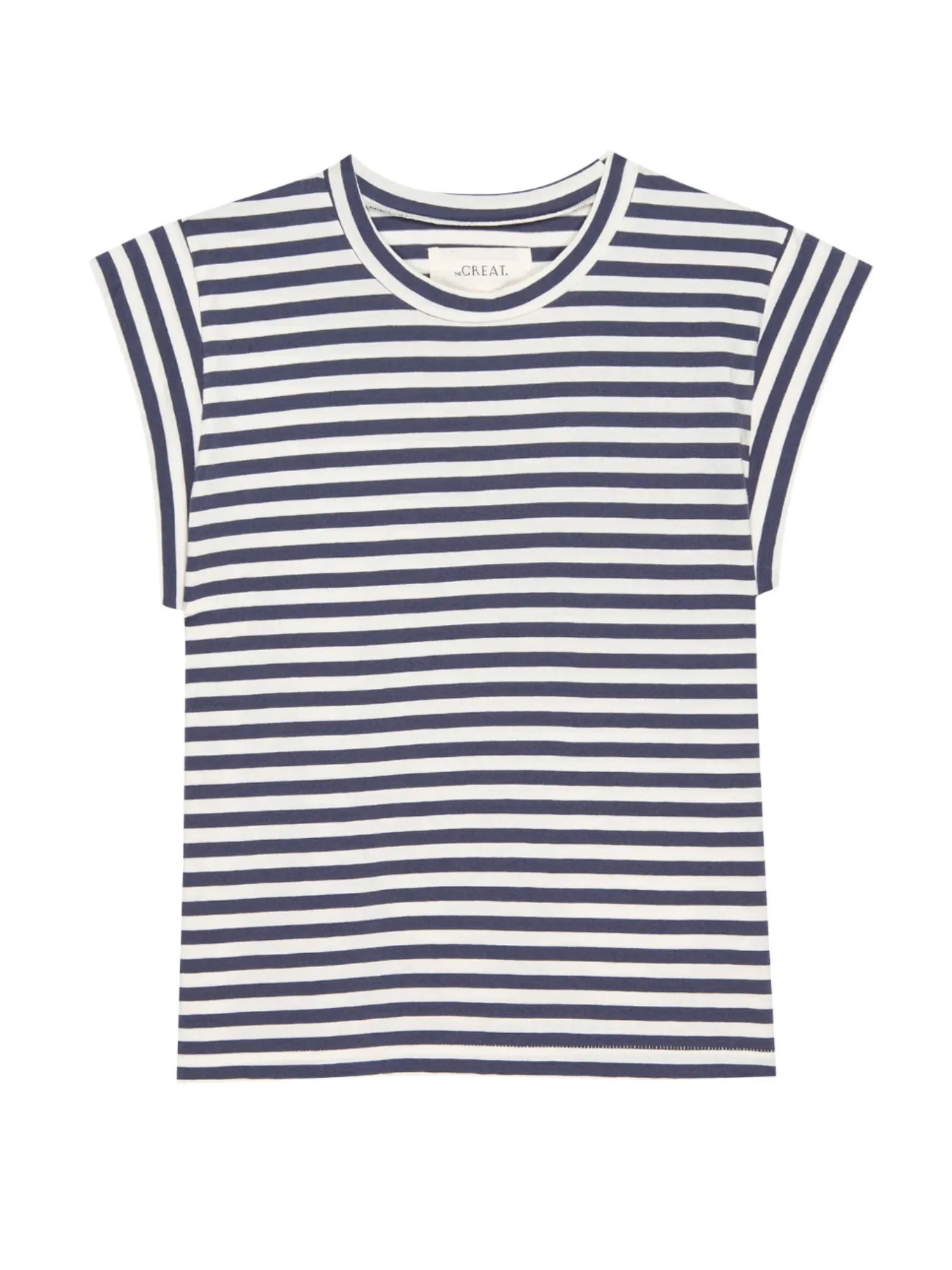 The Peak Shoulder Tee in Vintage Blue Stripe sold by Beau & Ro