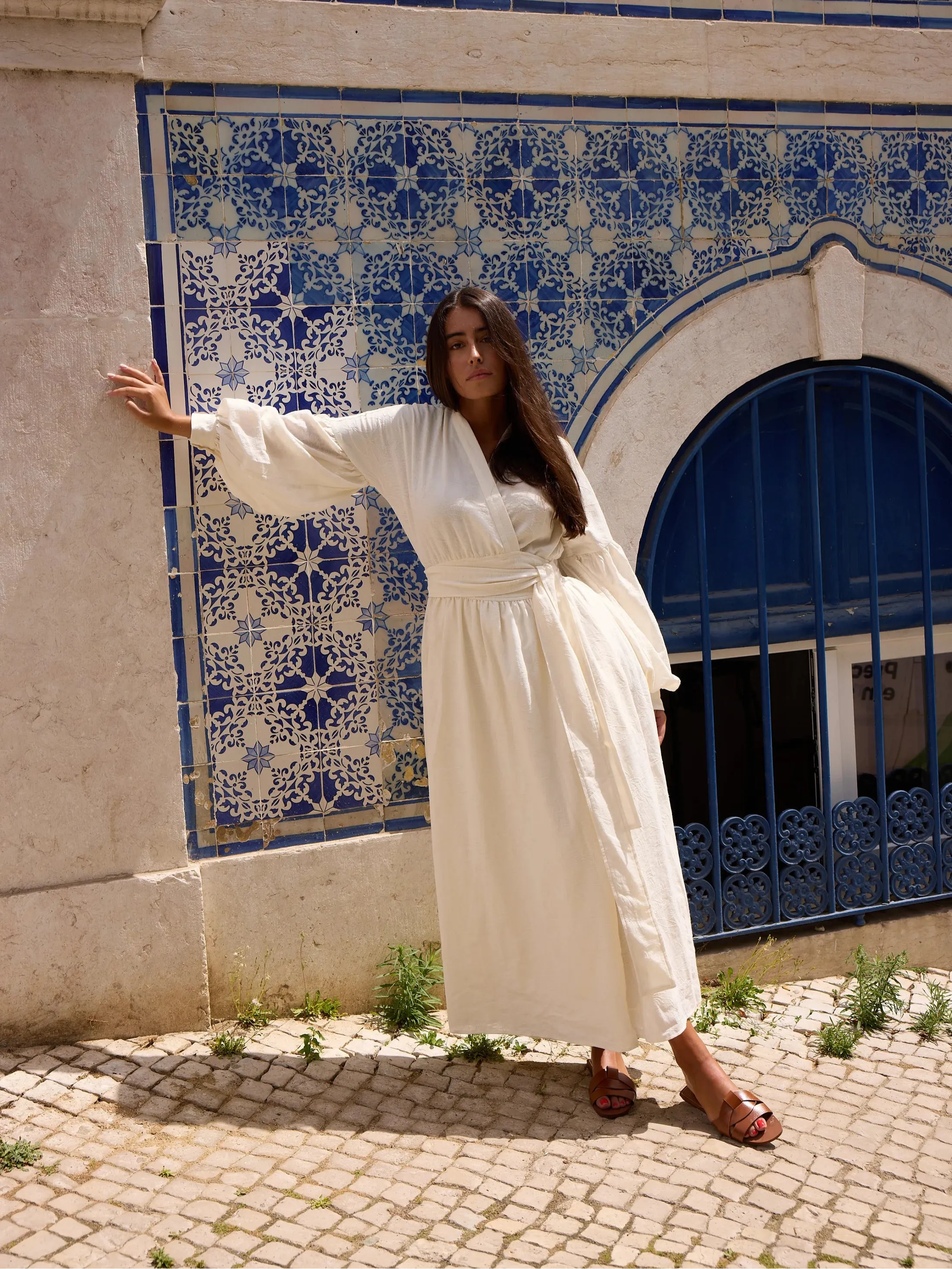 Simona Cross-Chest Dress in Off White Jacquard sold by Beau & Ro