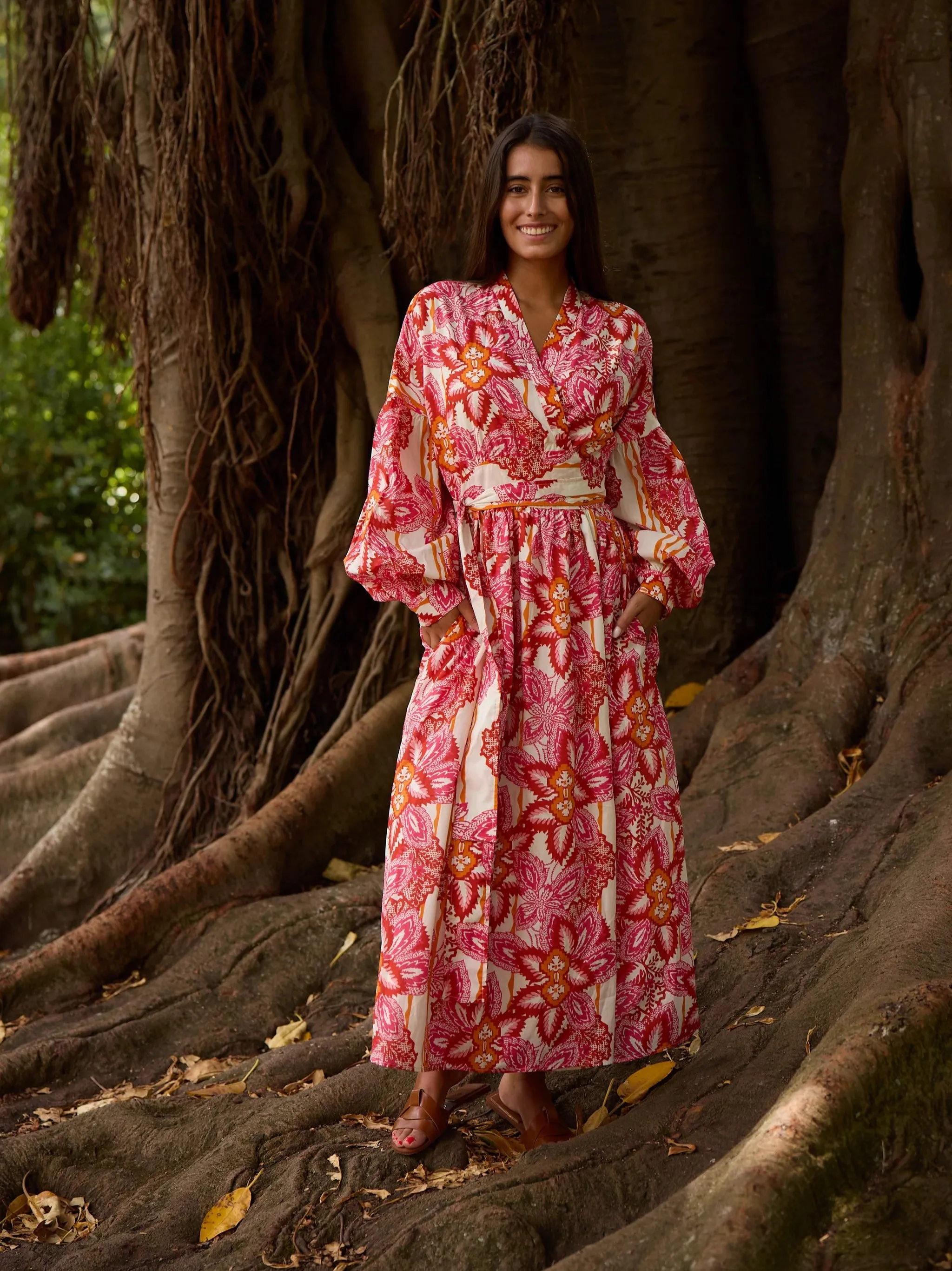 Simona Cross-Chest Dress in Pink Flowers sold by Beau & Ro