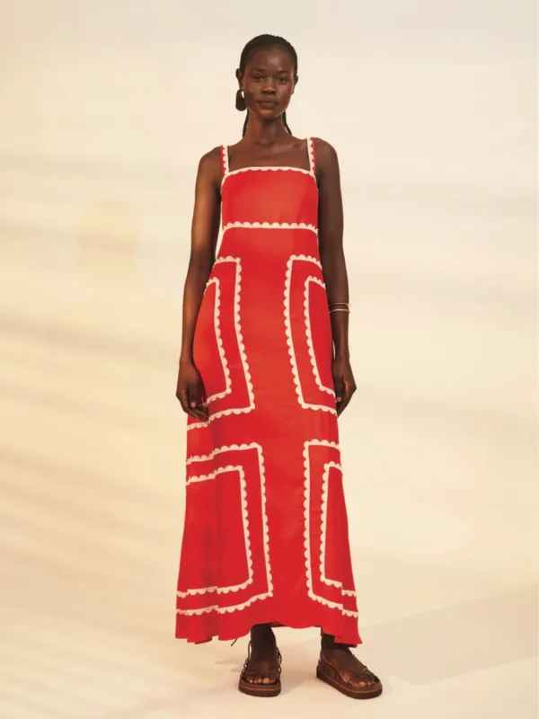 Amelia Maxi Dress in Plain Red Trim sold by Beau & Ro