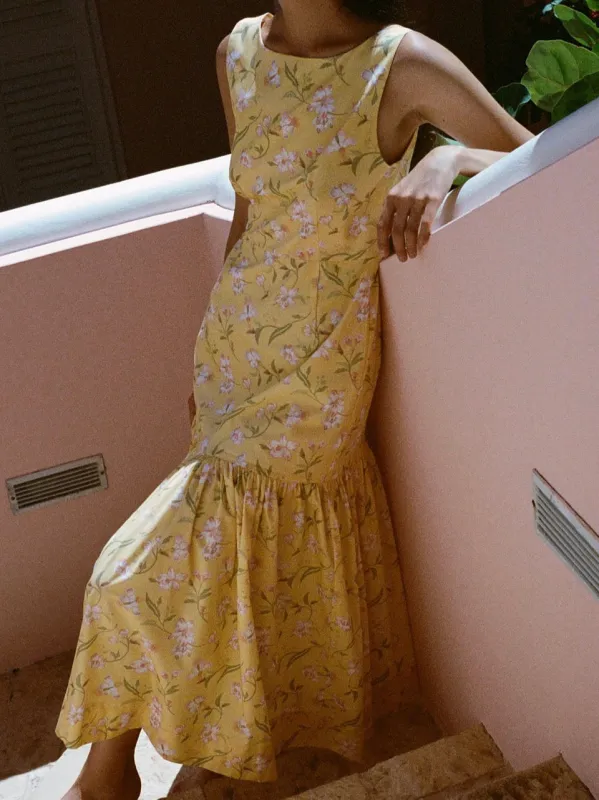 Low-Back Dress in Yellow Hibiscus sold by Beau & Ro