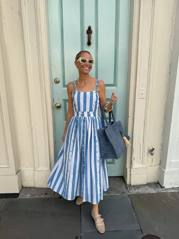 Hulya Dress in Blue & White Stripes sold by Beau & Ro