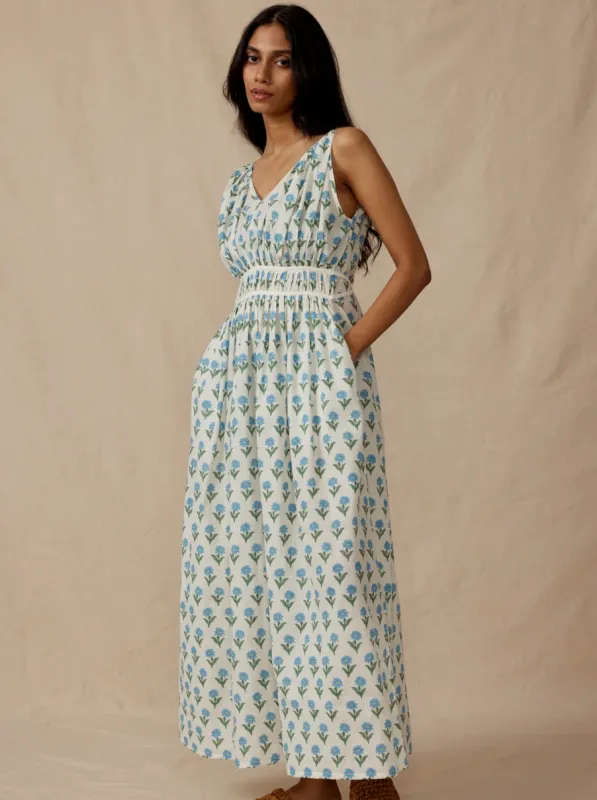 Athena Dress in Sky Kashmir Flower sold by Beau & Ro