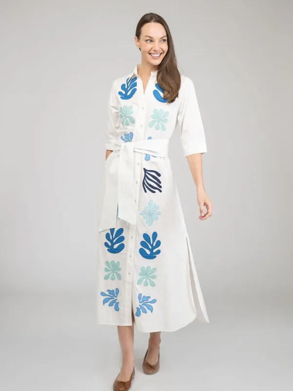 The Eloise Dress | White Aqua Appliqué sold by Beau & Ro