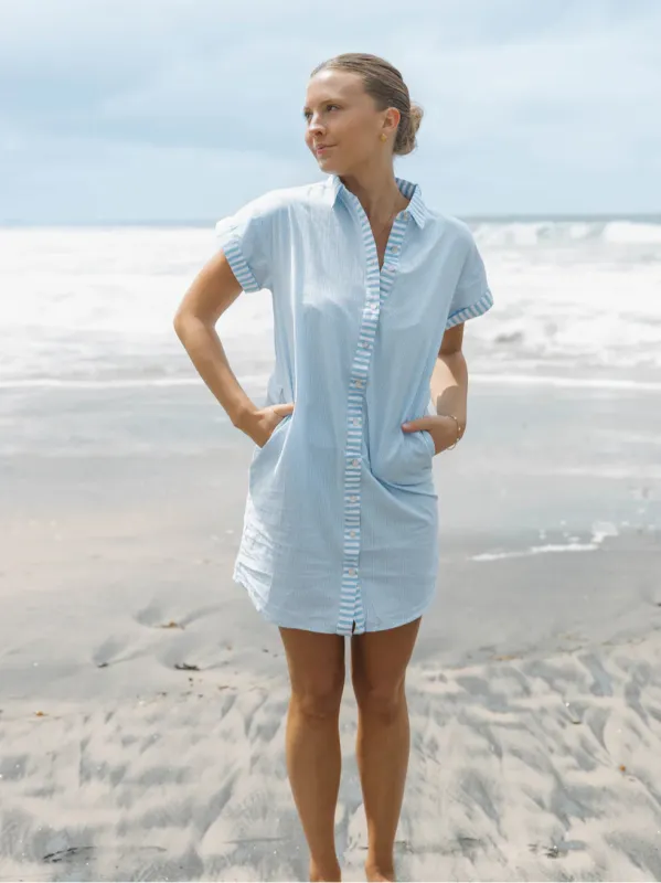 Riga Short Sleeve Short Dress in Blue Stripes sold by Beau & Ro