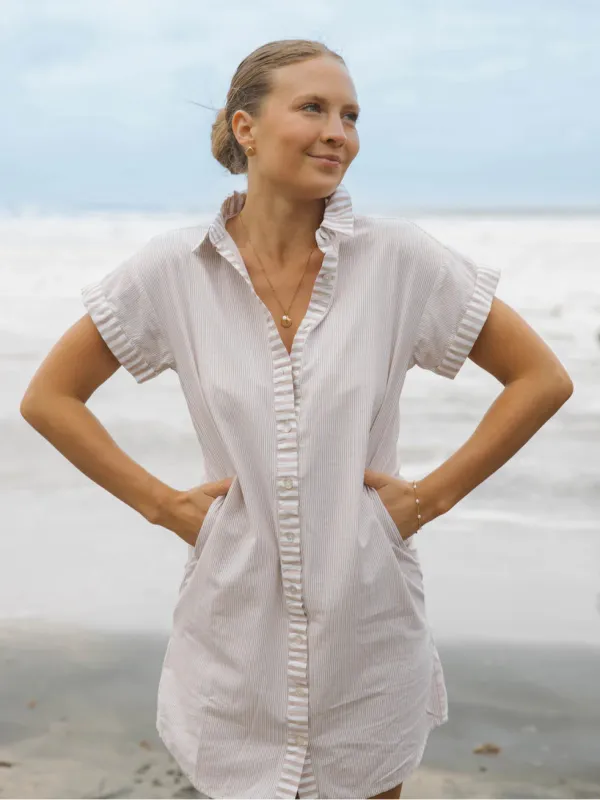 Riga Short Sleeve Short Dress in Tan Stripes sold by Beau & Ro