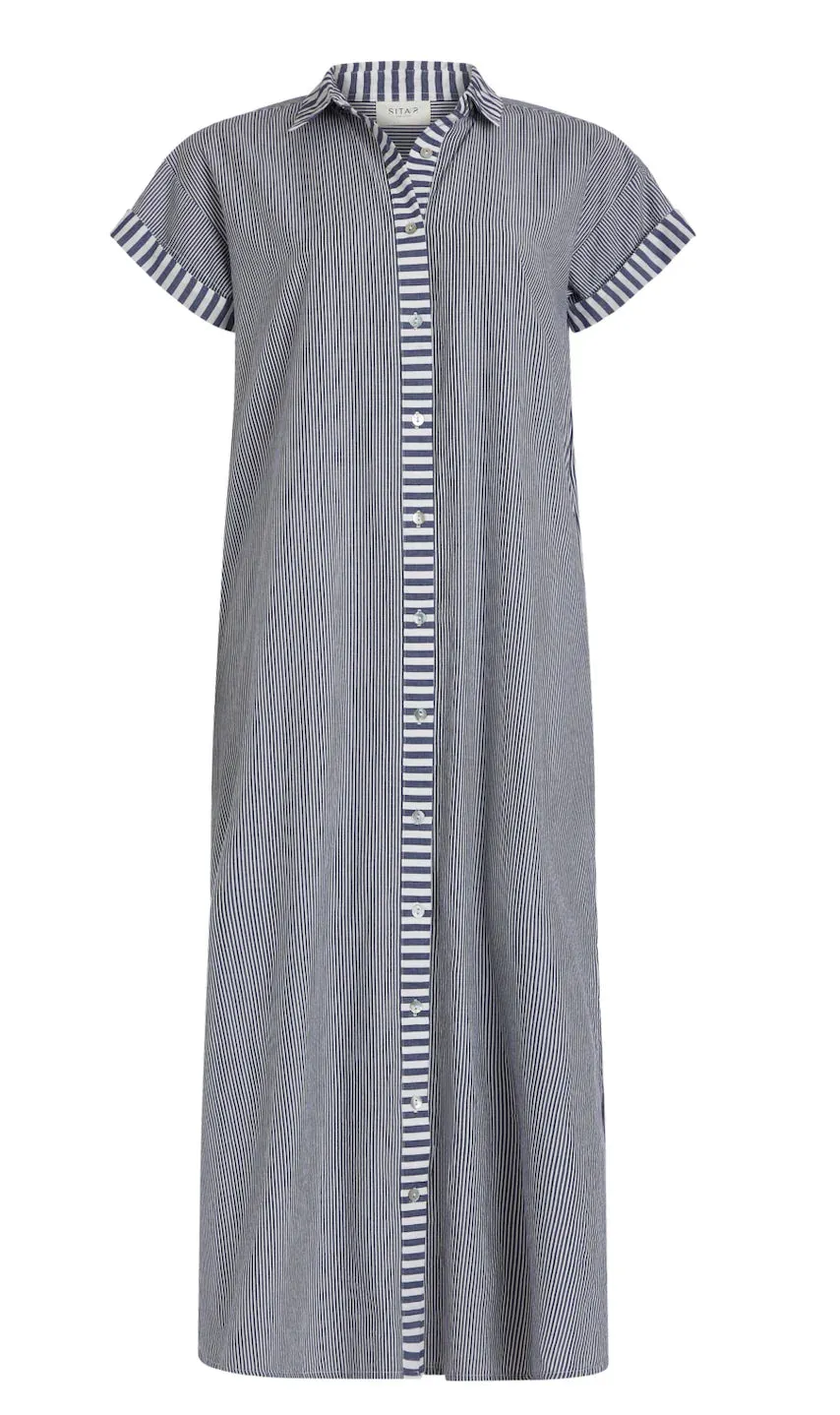 Riga Short Sleeve Midi Dress in Navy Stripes sold by Beau & Ro product image thumbnail 4