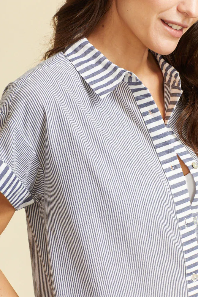 Riga Short Sleeve Midi Dress in Navy Stripes sold by Beau & Ro product image thumbnail 2