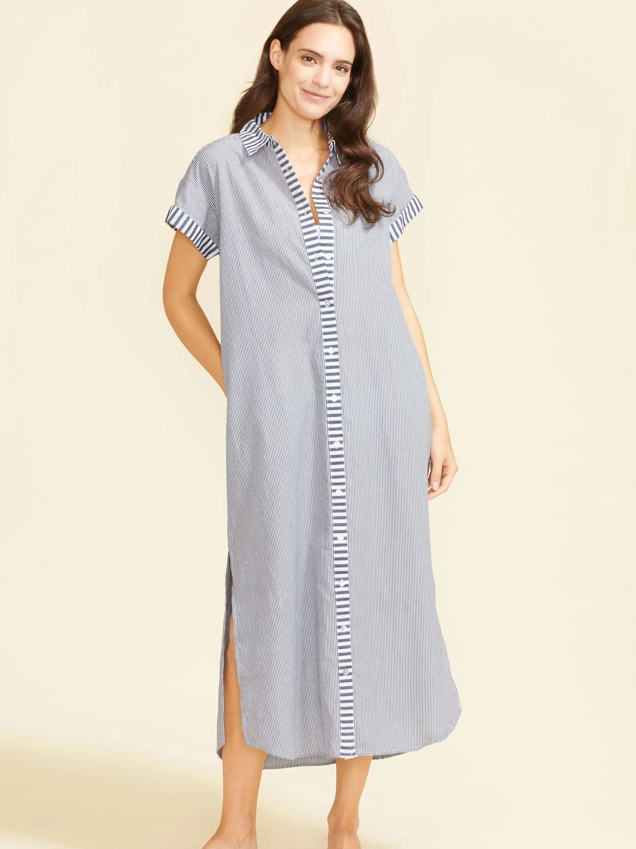 Riga Short Sleeve Midi Dress in Navy Stripes sold by Beau & Ro