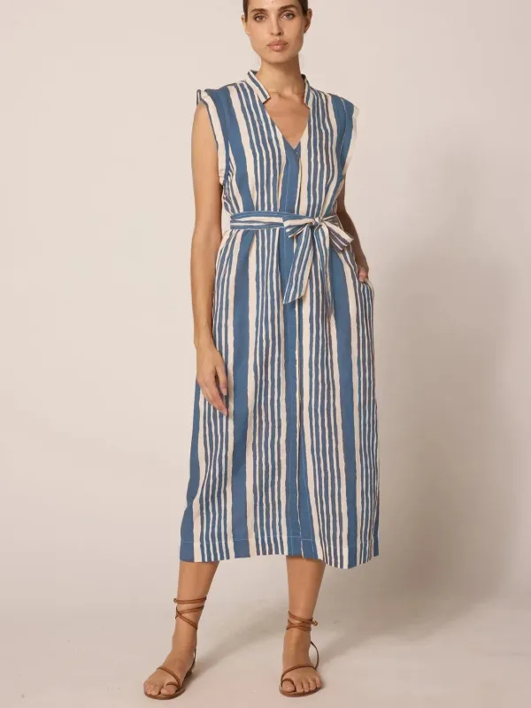 Lani Midi Dress in Blue Vecchio Stripe sold by Beau & Ro