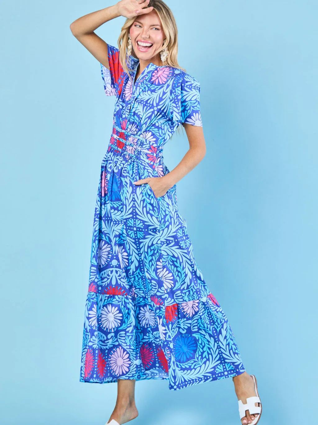 Eloise Dress in Cobalt Jardin sold by Beau & Ro