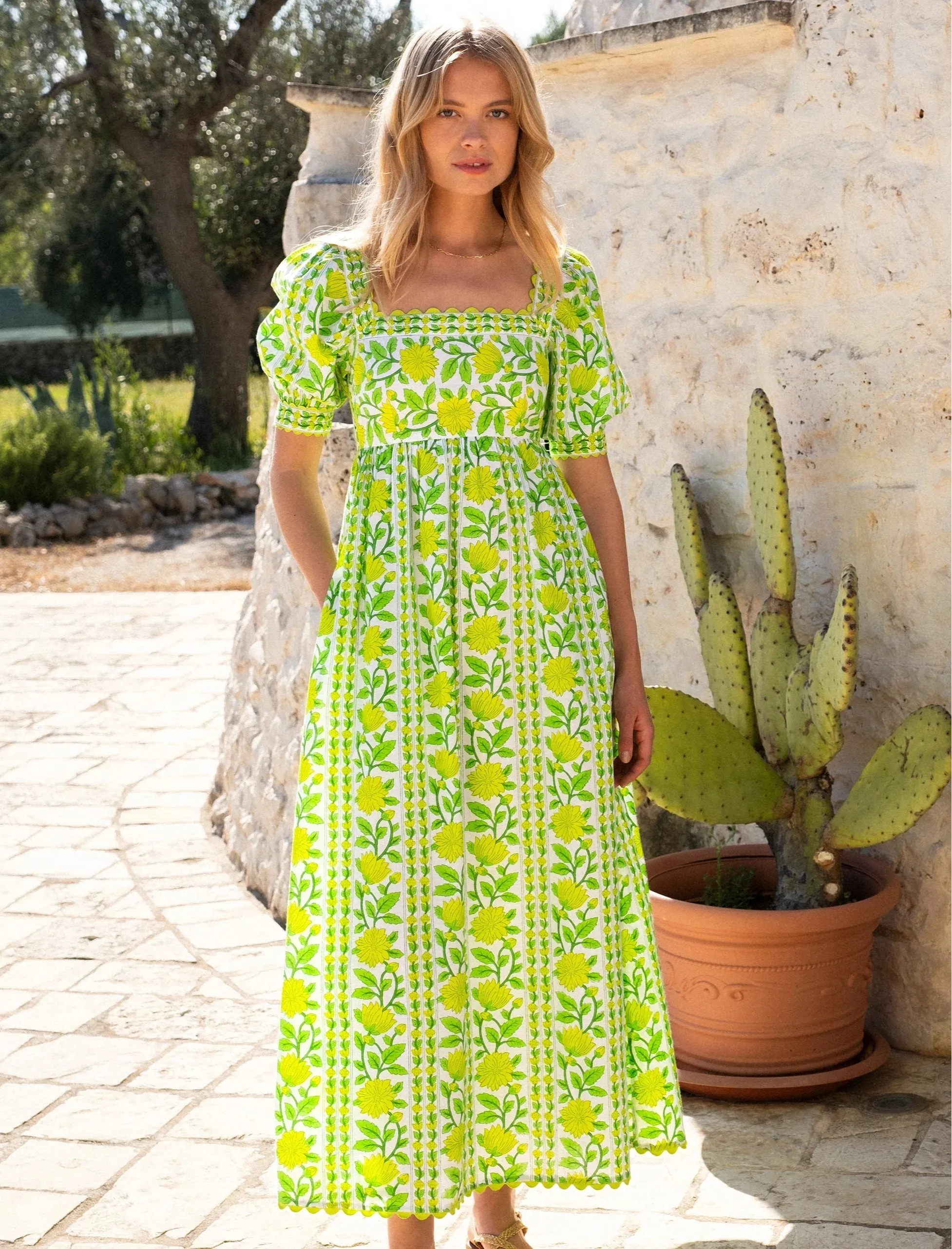 Elizabeth Dress in Lime Border sold by Beau & Ro