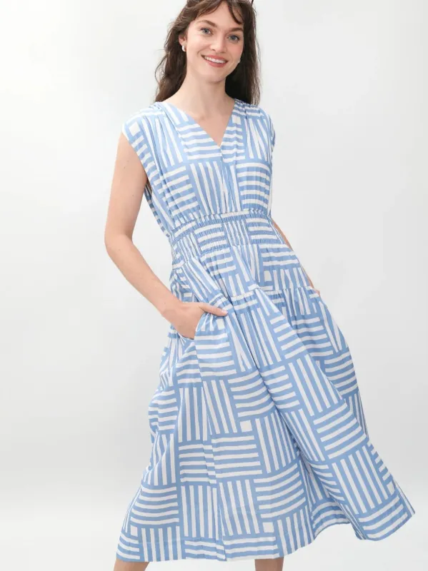 The Eva Dress in Blue Geo Stripe sold by Beau & Ro