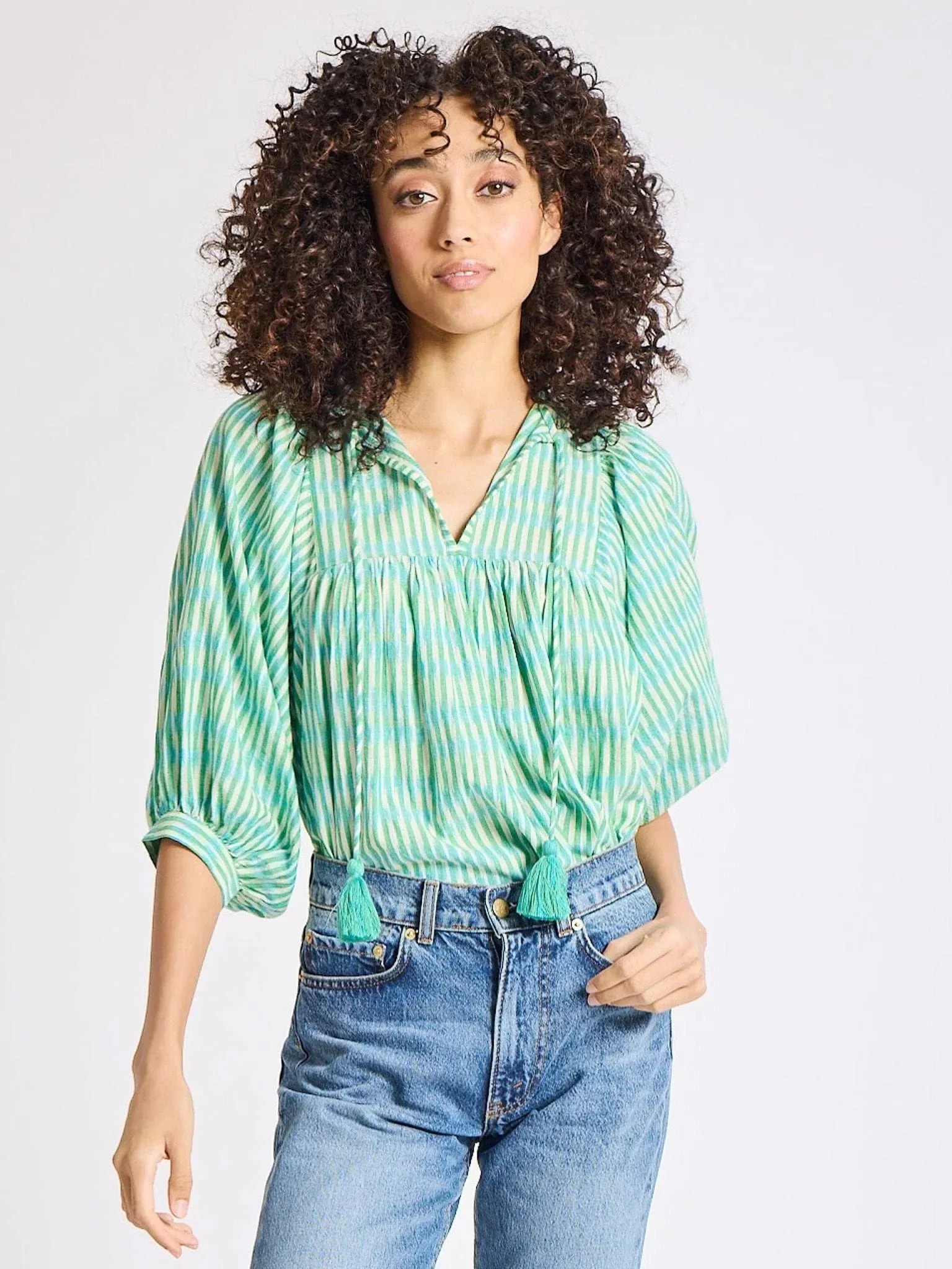 Thalia Top in Green & Blue Ikat sold by Beau & Ro