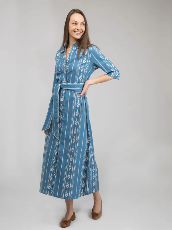 The Eloise Dress | Blue Ikat Stripe sold by Beau & Ro