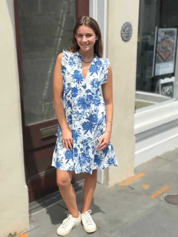 Nikki Dress in Blue & White Toile sold by Beau & Ro