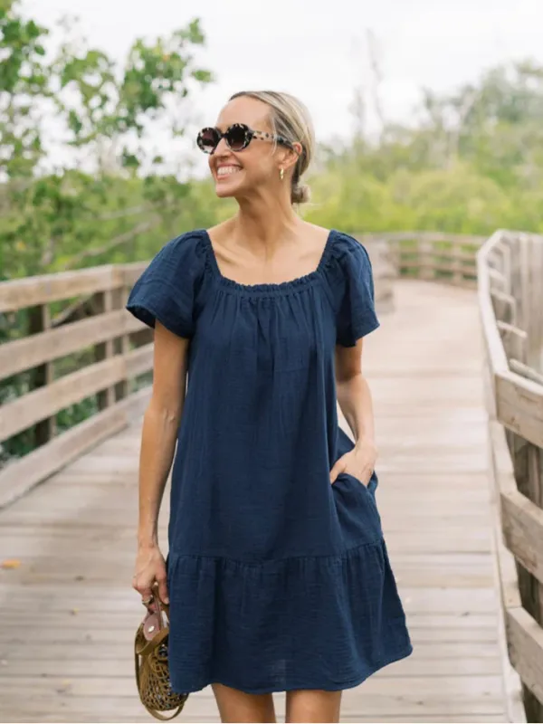 The Molly Dress in Navy Gauze sold by Beau & Ro