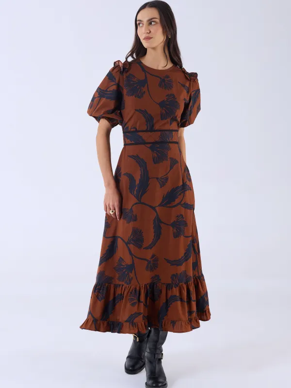 Antonia Dress in Noir Bloom Brown sold by Beau & Ro