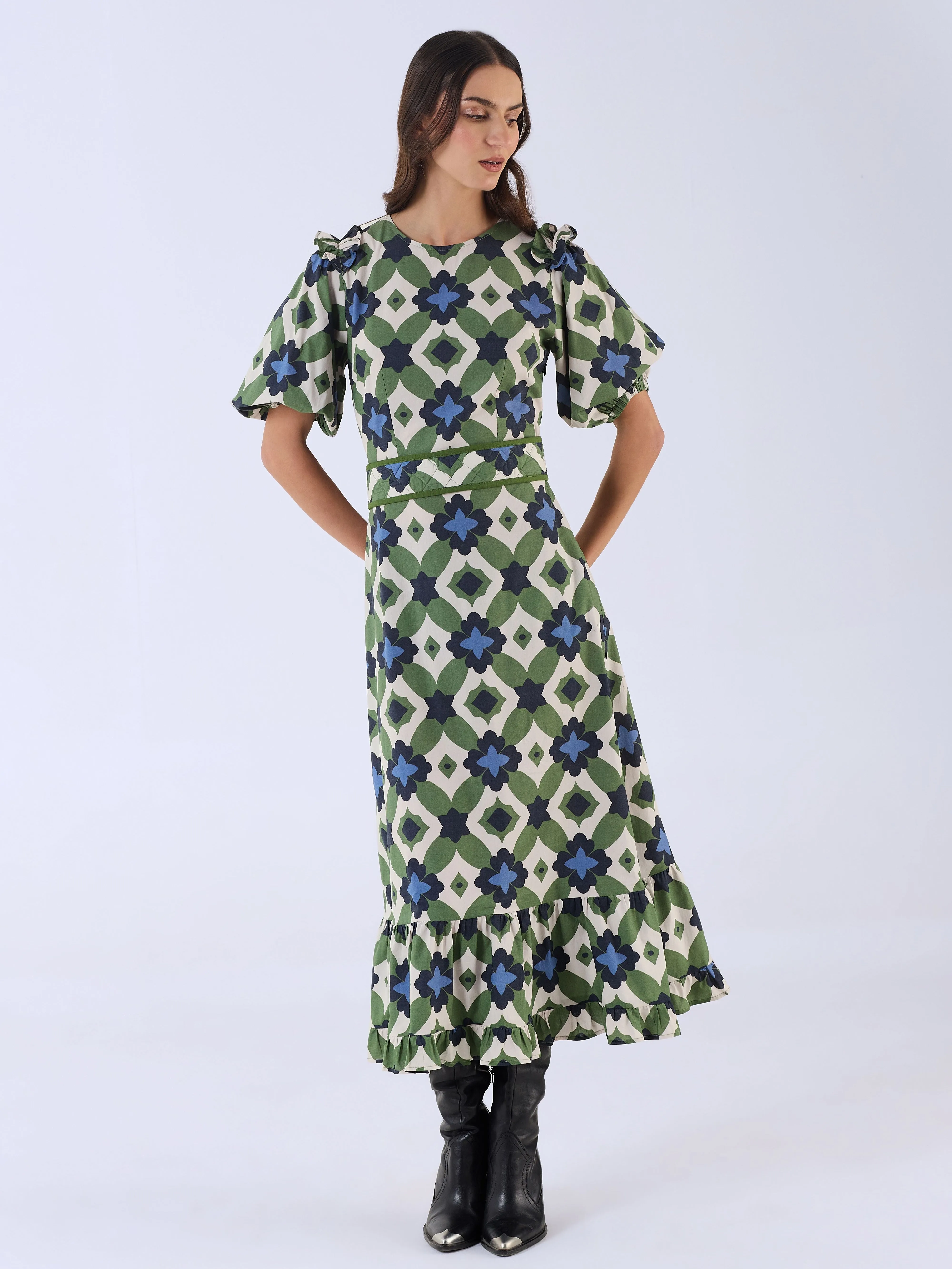 Antonia Dress in Mosaic Green sold by Beau & Ro