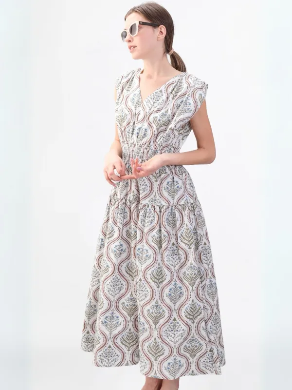 The Eva Dress in White & Brown Botanical sold by Beau & Ro