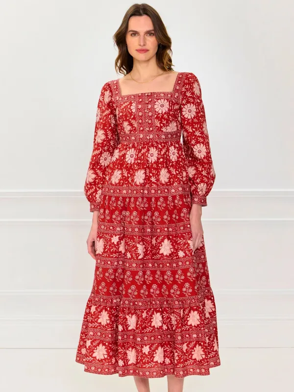 Lucia Dress in Rust Borders sold by Beau & Ro