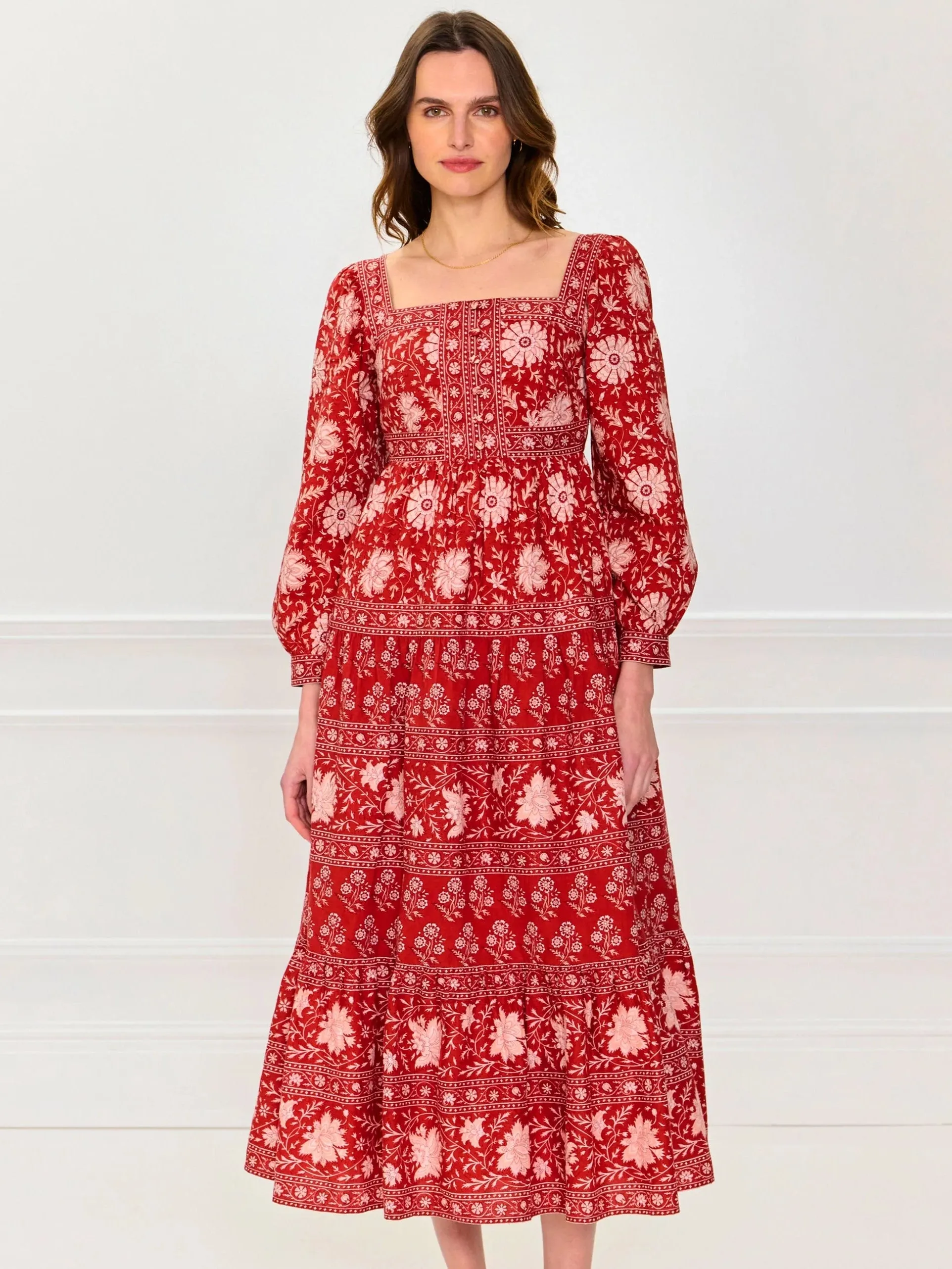 Lucia Dress in Rust Borders sold by Beau & Ro