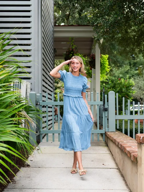 Chambray Puff Sleeve Smocked Midi Dress sold by Beau & Ro