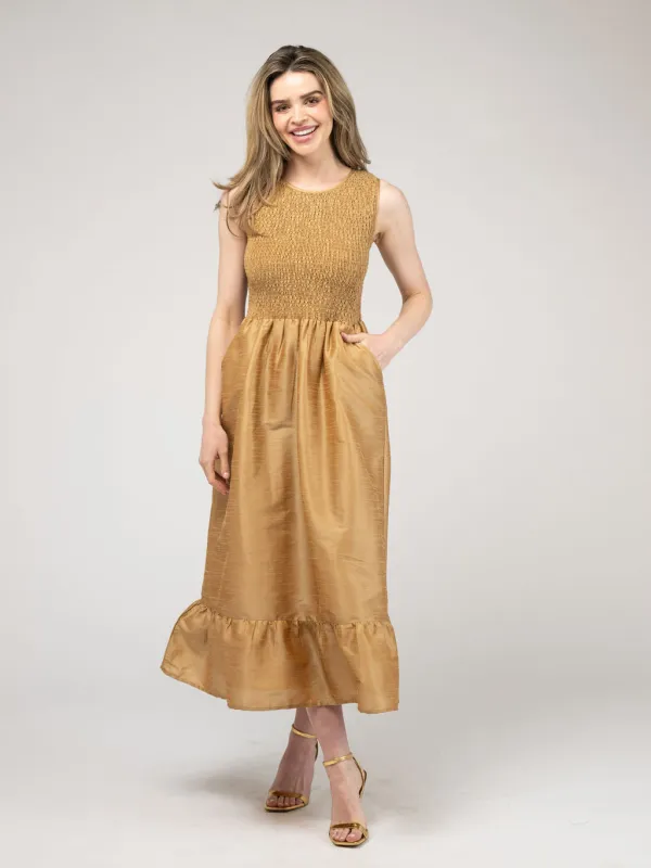 The Margot Dress | Gold Dupioni sold by Beau & Ro