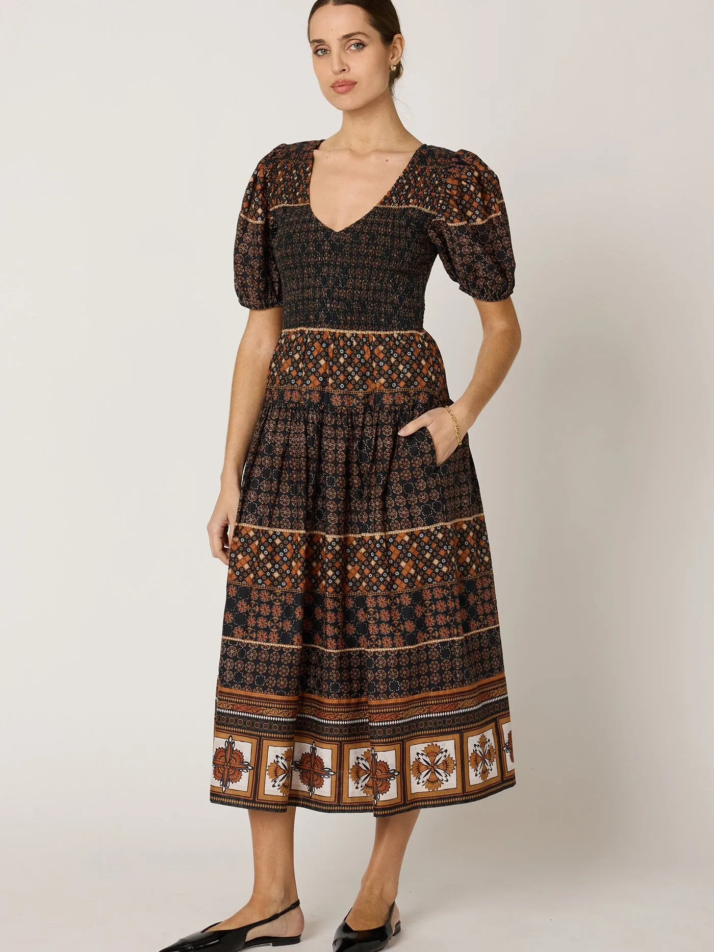 Nancy Midi Dress in Zocalo Print sold by Beau & Ro
