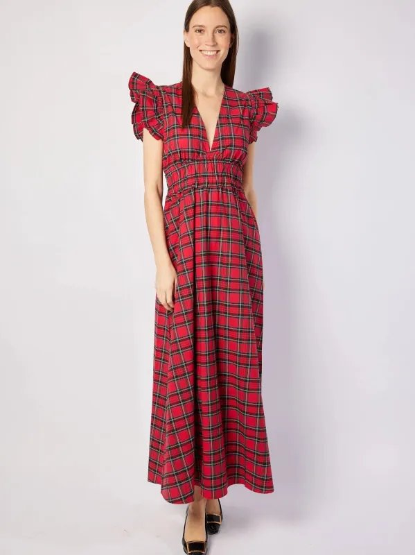 Red Tartan V-Neck Flutter Sleeve Maxi sold by Beau & Ro