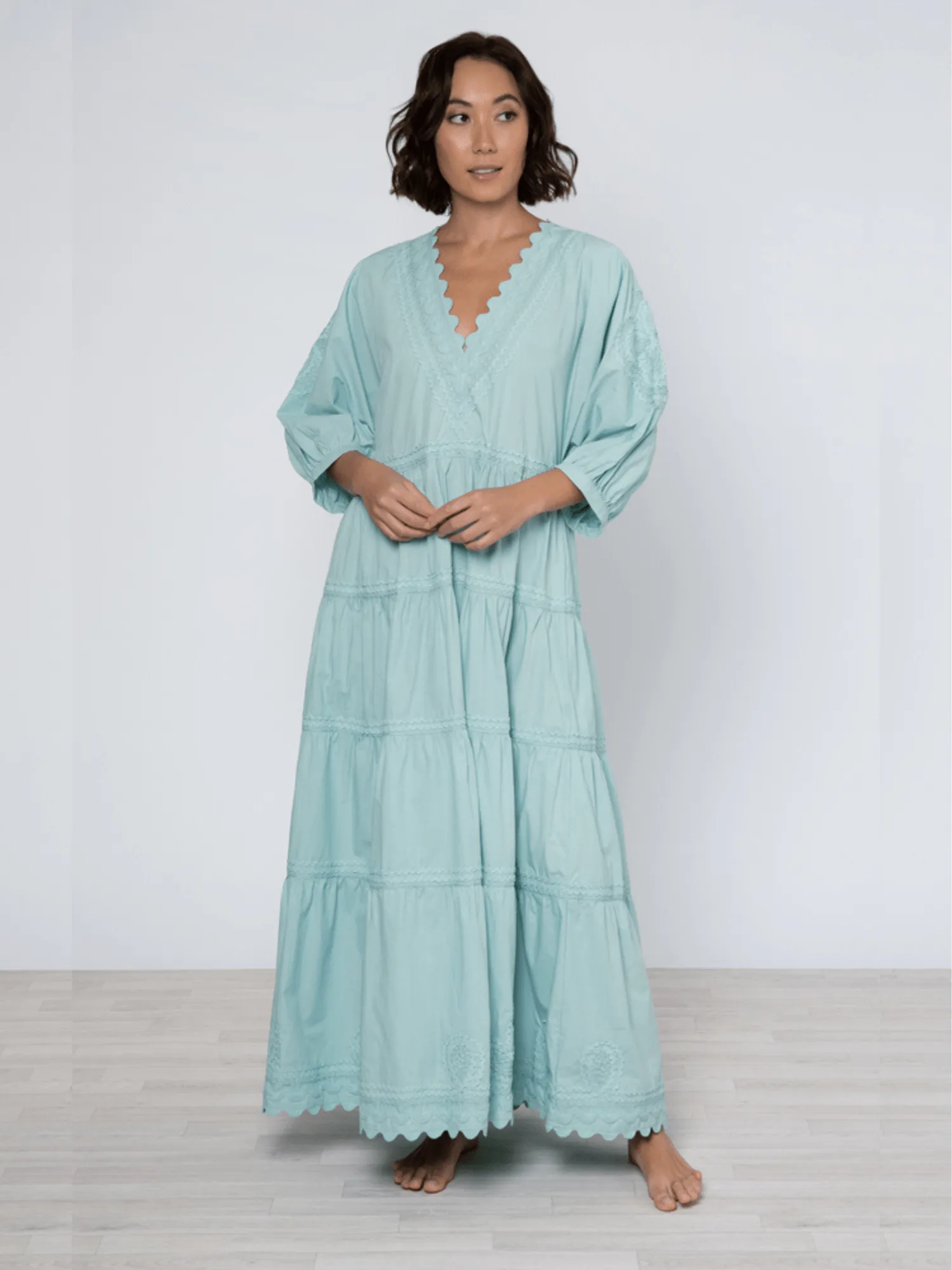 Sage Poplin Maxi Dress w/ Ric Rac Embroidery sold by Beau & Ro