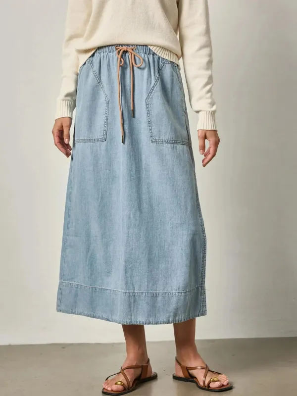 Denim Drawcord Skirt in Blue Wash sold by Beau & Ro