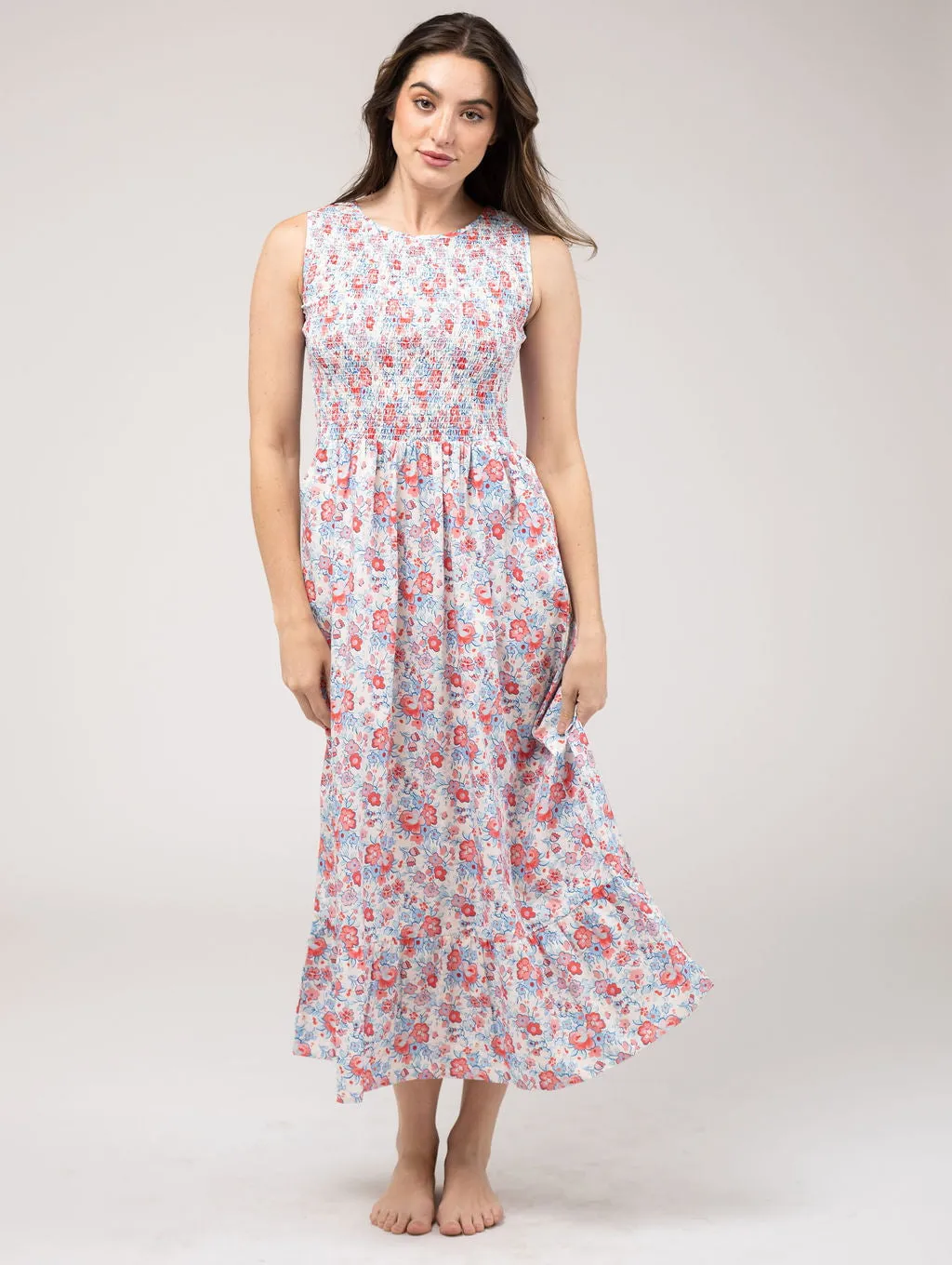 The Margot Dress in Pink & Blue Garden sold by Beau & Ro