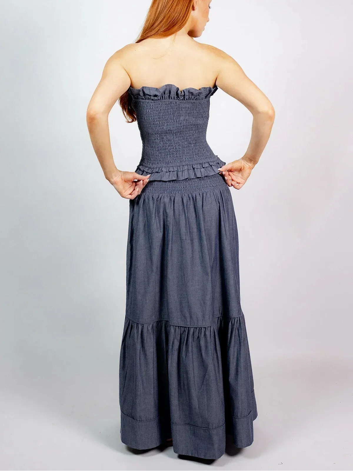 SUE SARTOR Flounce Smocked Waist Skirt | Indigo Chambray sold by Beau & Ro product image thumbnail 2