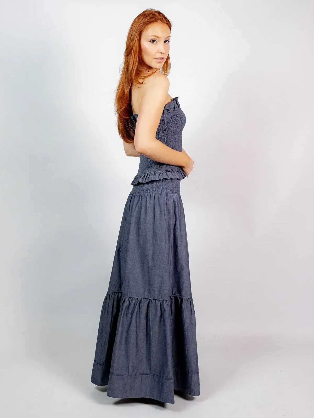 SUE SARTOR Flounce Smocked Waist Skirt | Indigo Chambray sold by Beau & Ro product image thumbnail 3