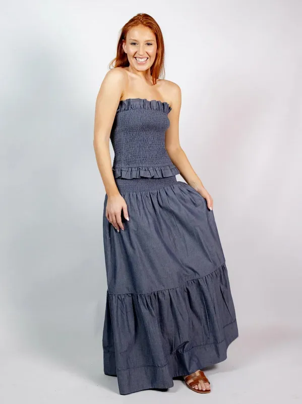 SUE SARTOR Flounce Smocked Waist Skirt | Indigo Chambray made by Beau & Ro