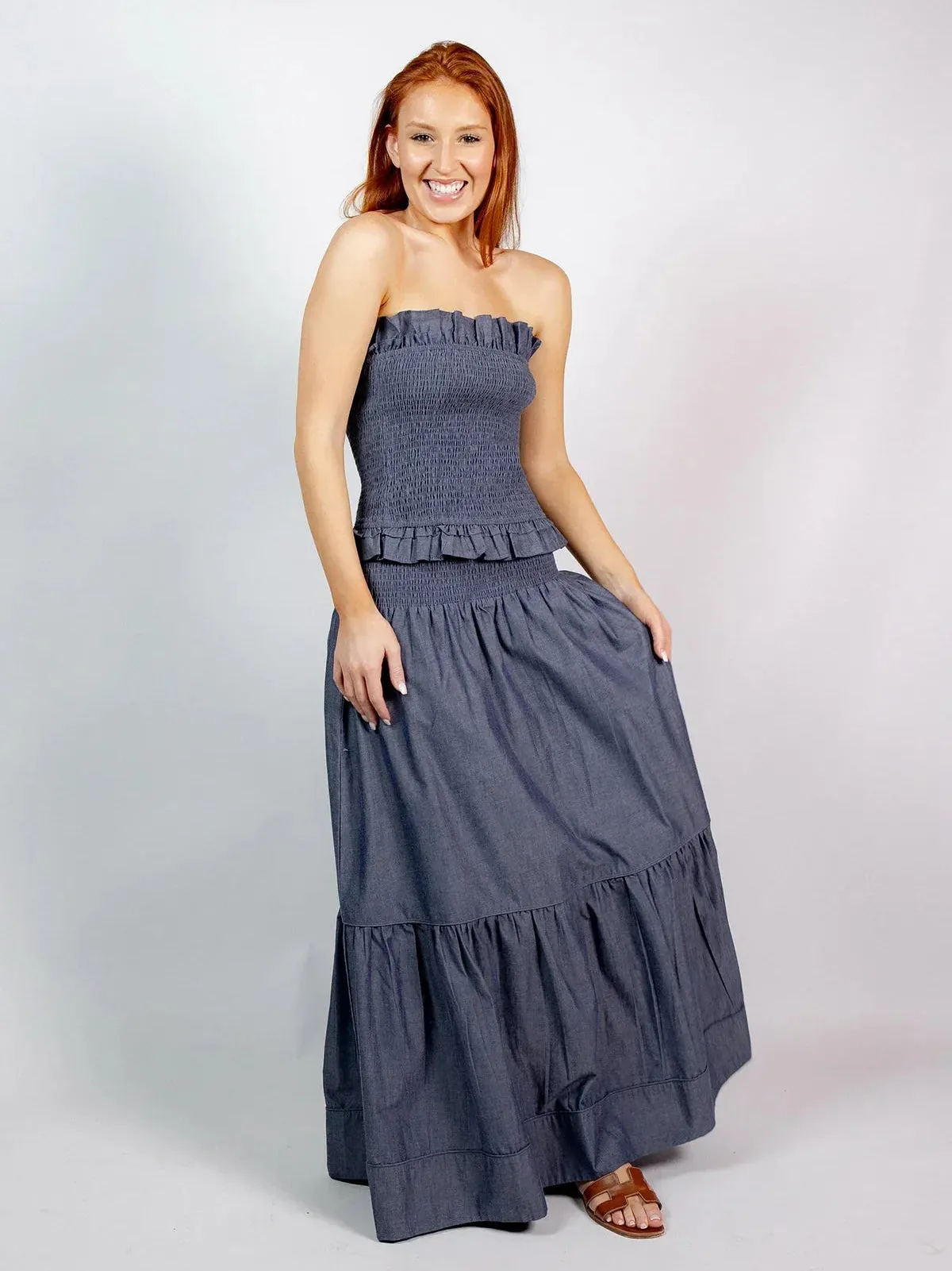 SUE SARTOR Flounce Smocked Waist Skirt | Indigo Chambray sold by Beau & Ro