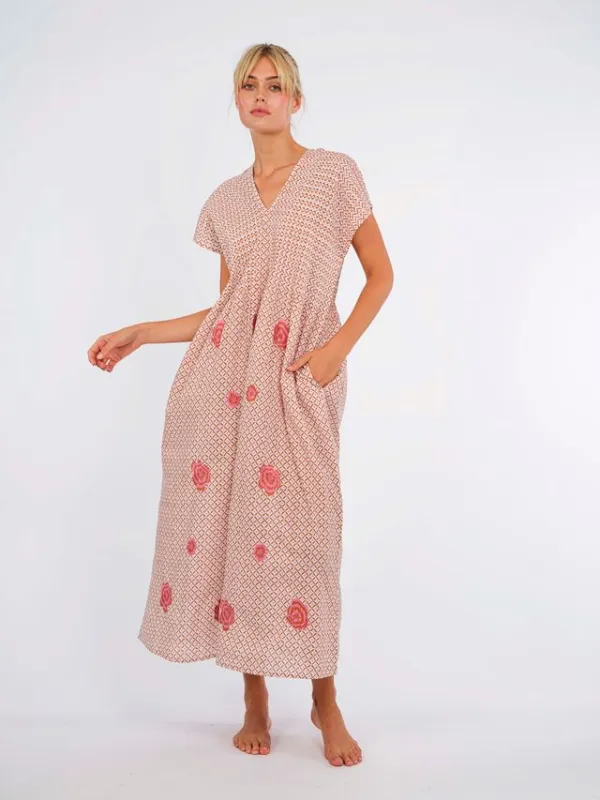 Sea Cale Dress in Dotty Mustard and Peony Embroidery made by Beau & Ro