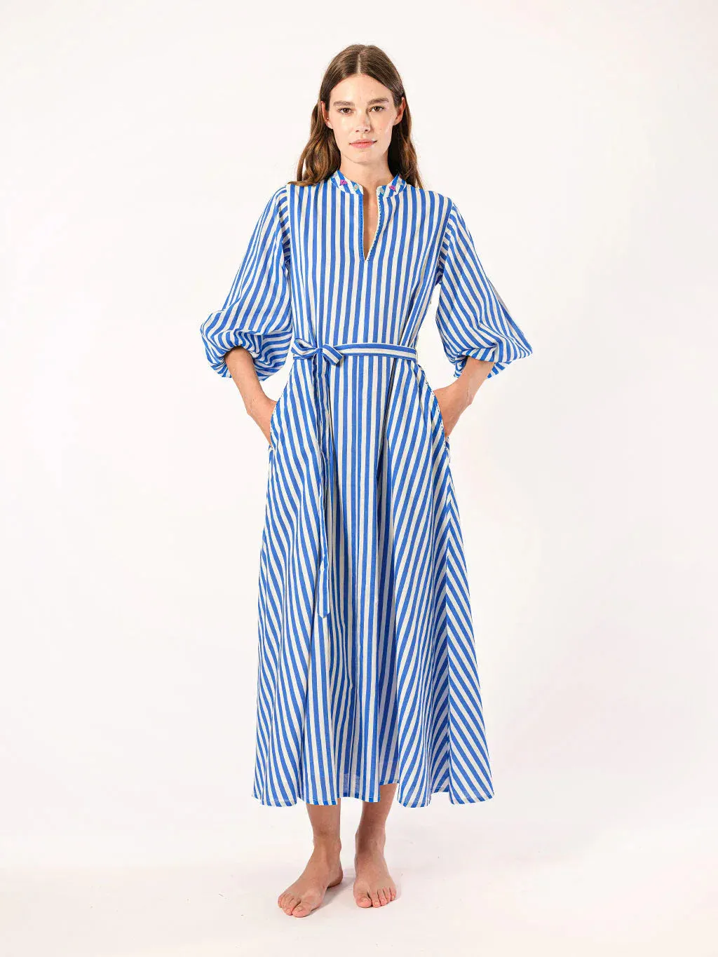 Marigold Dress in Blue Stripes sold by Beau & Ro