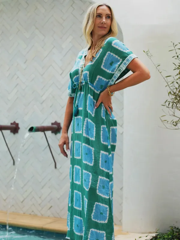 Kate Maxi Caftan with Embroidery in Blue/Green Tie Dye made by Beau & Ro