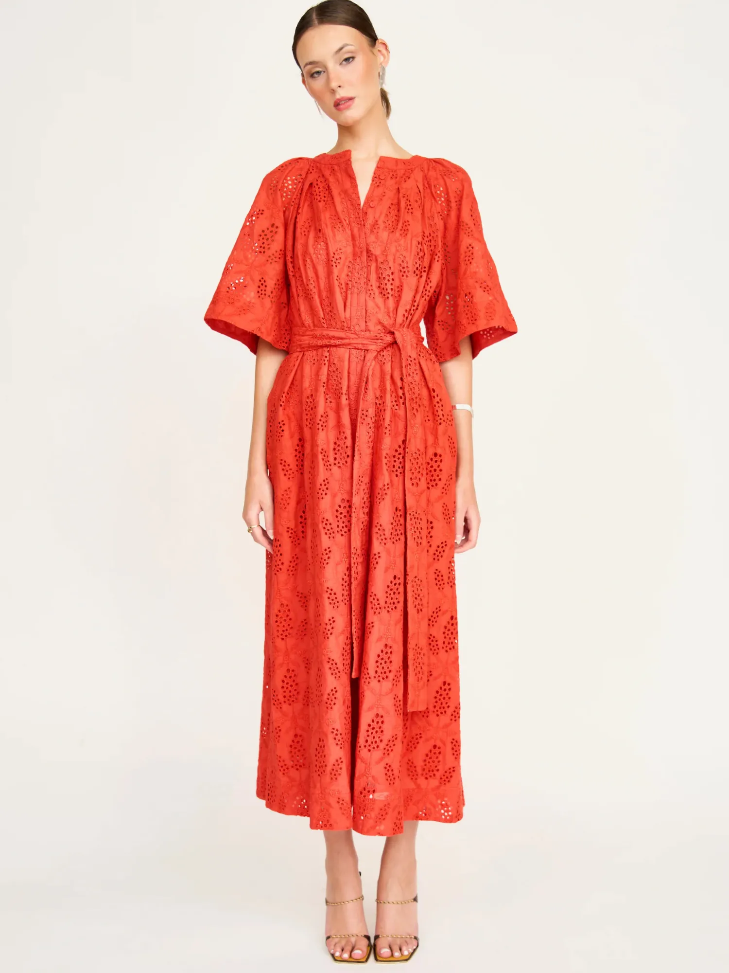 Somerset Dress in Chili Hyacinth Eyelet sold by Beau & Ro