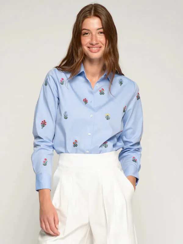 Blue Shirt with Embroidered Flowers made by Beau & Ro