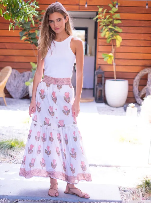 Kathy Maxi Skirt in Peach Tulip sold by Beau & Ro
