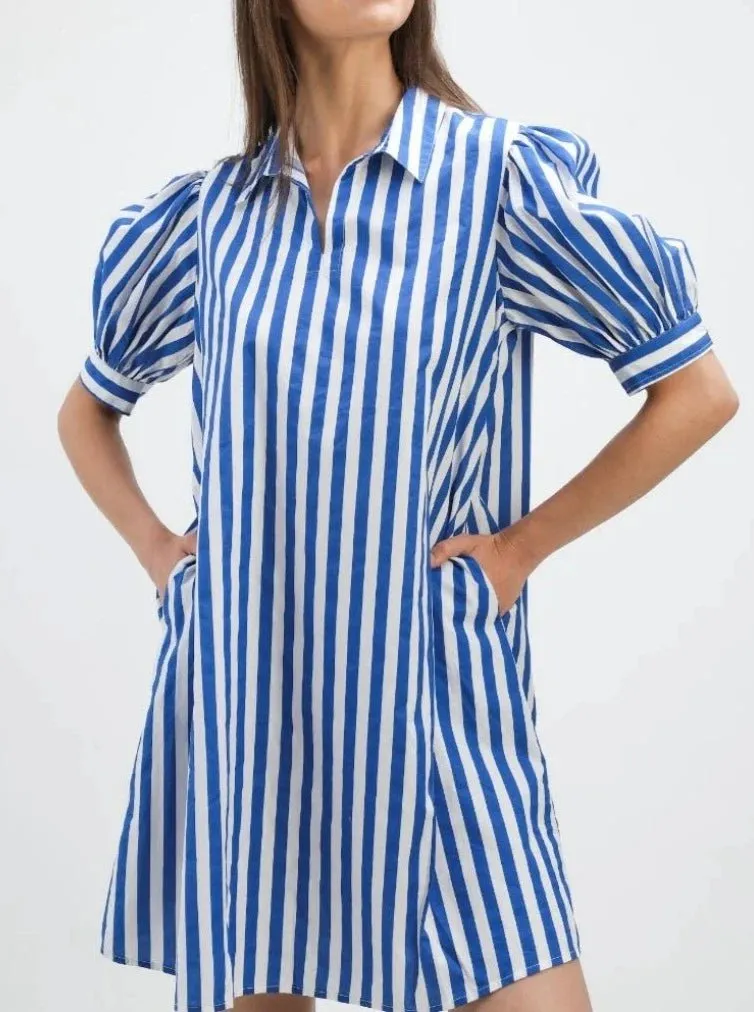 The Royal Stripe Puff Sleeve Shirt Dress sold by Beau & Ro