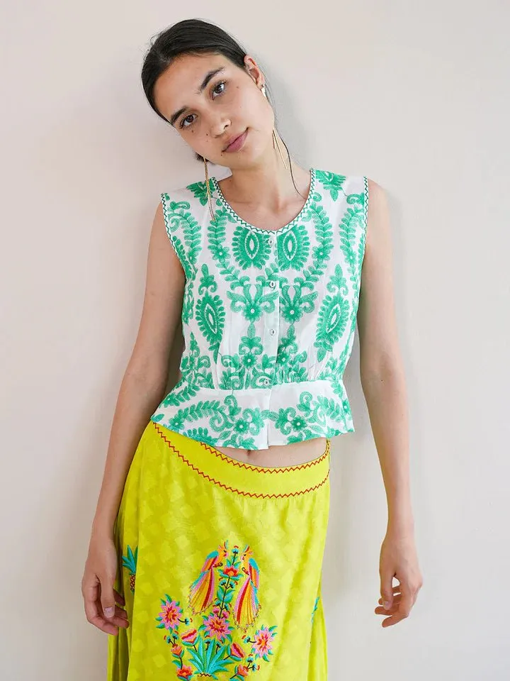 Angelica Blouse in White/ Green Ornament Embroidery sold by Beau & Ro product image thumbnail 3