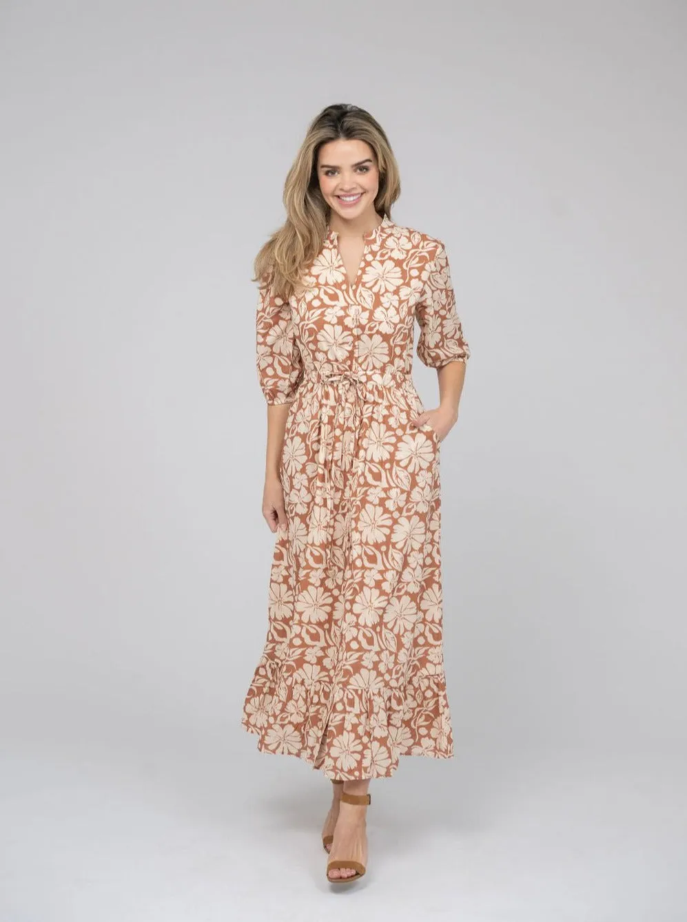 The Lily Midi Dress | Tan Flower Power sold by Beau & Ro