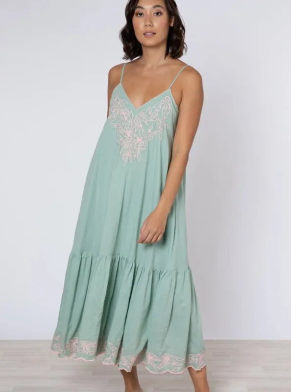 Sage & Candy Poplin Midi w/ Flower Embroidery sold by Beau & Ro