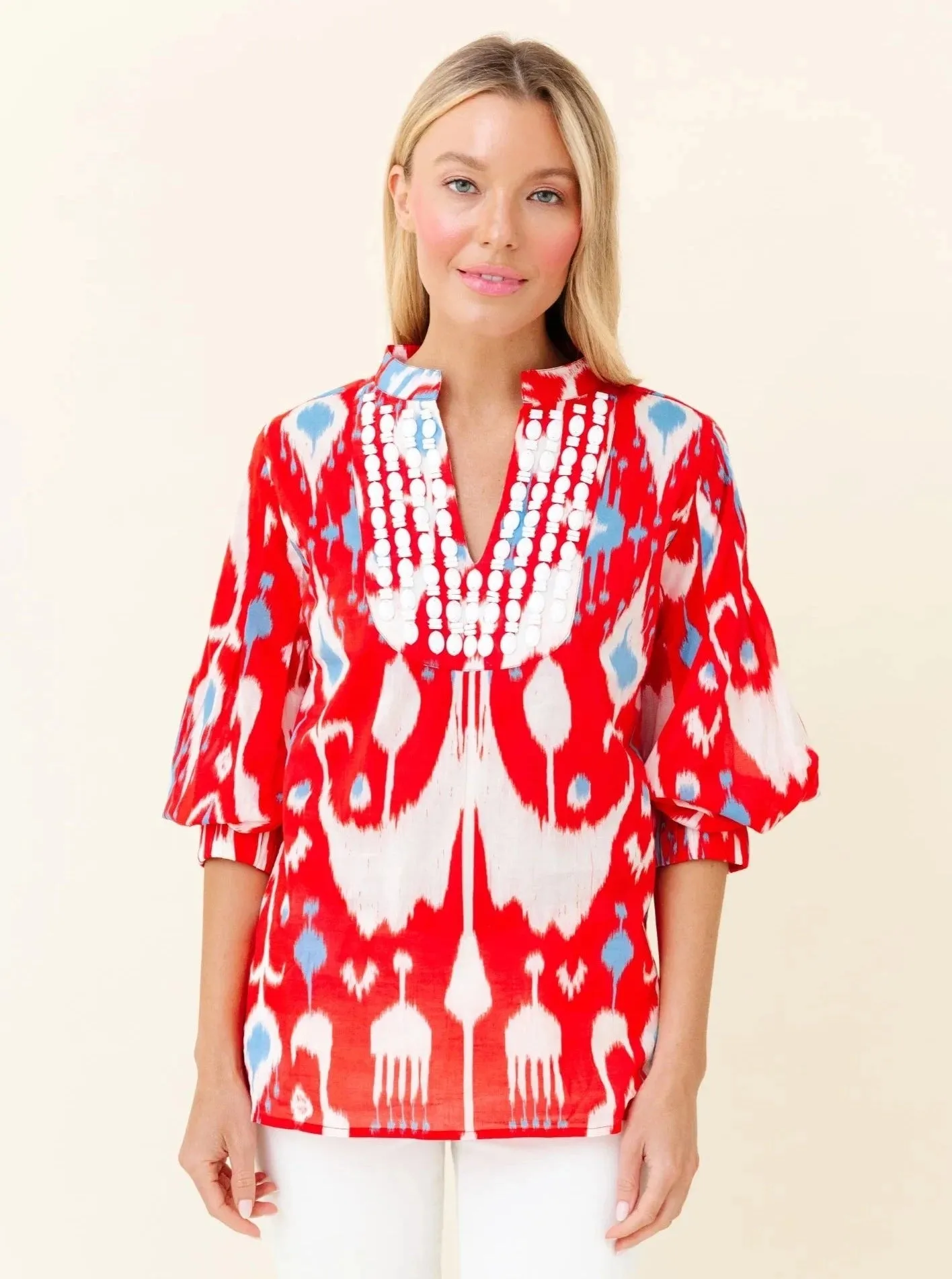 Olive Tunic in Firecracker Ikat sold by Beau & Ro