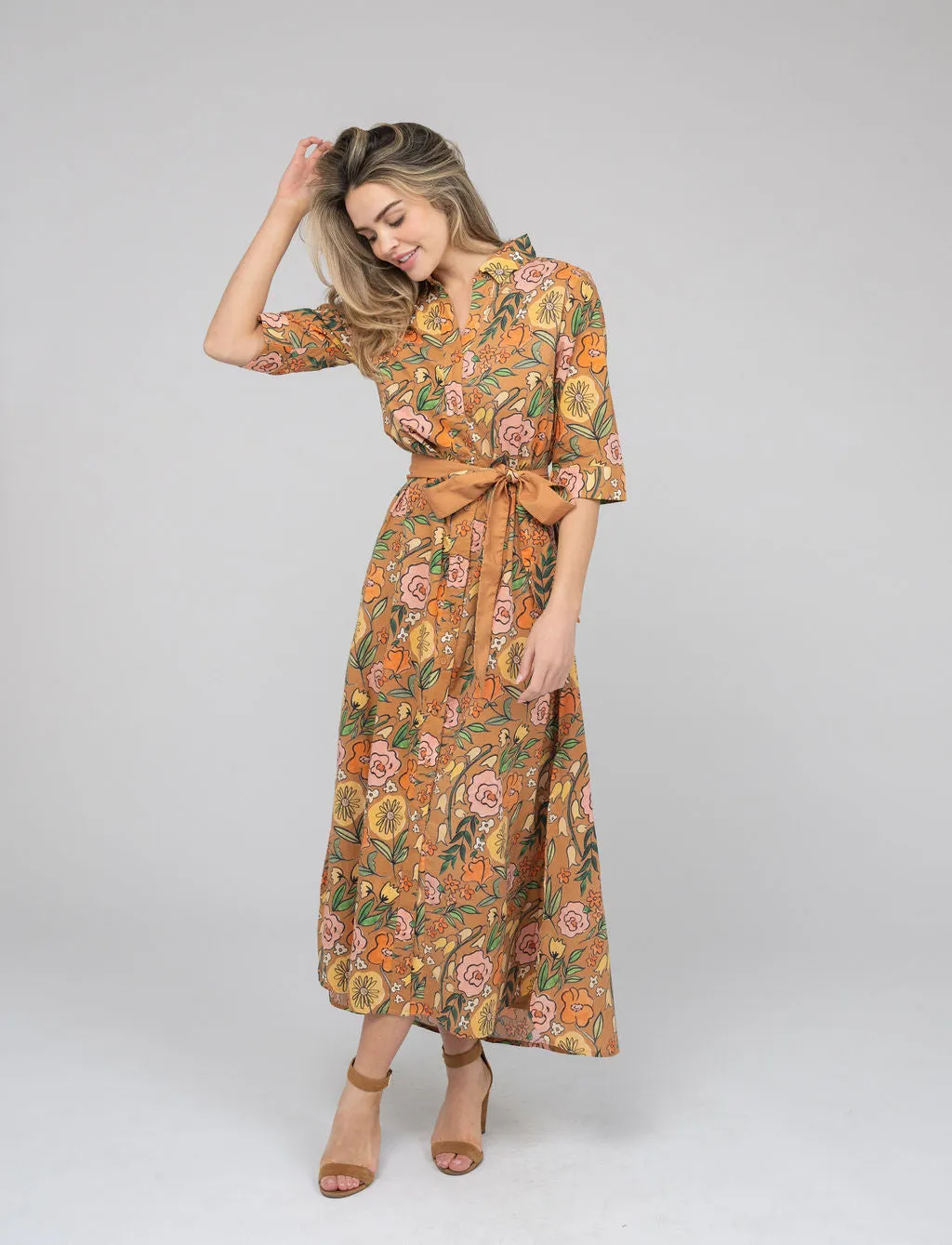 The Eloise Dress | Tan Fall Garden sold by Beau & Ro