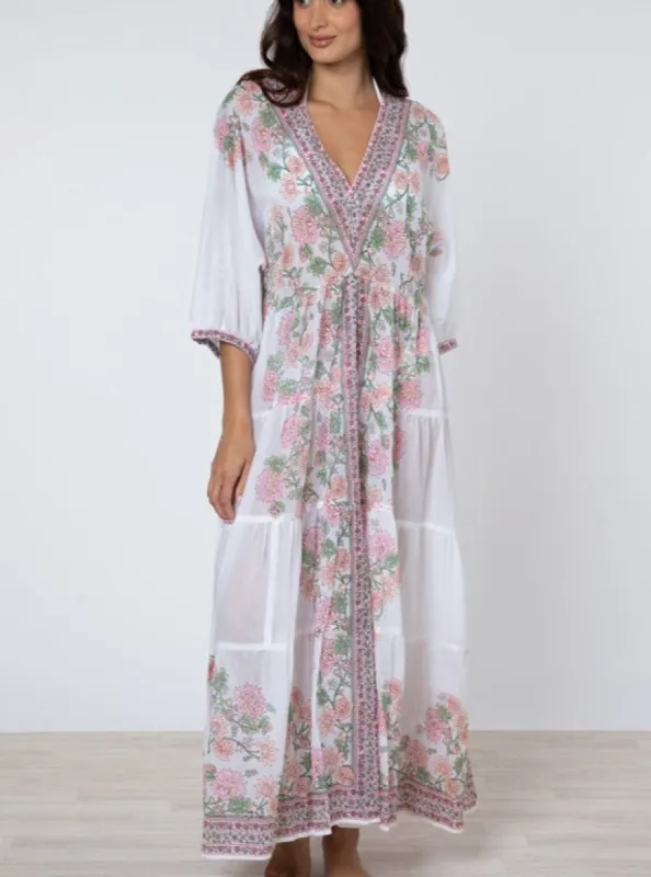 White / Candy / Peach Maxi Dress w/ Rose Border Print sold by Beau & Ro